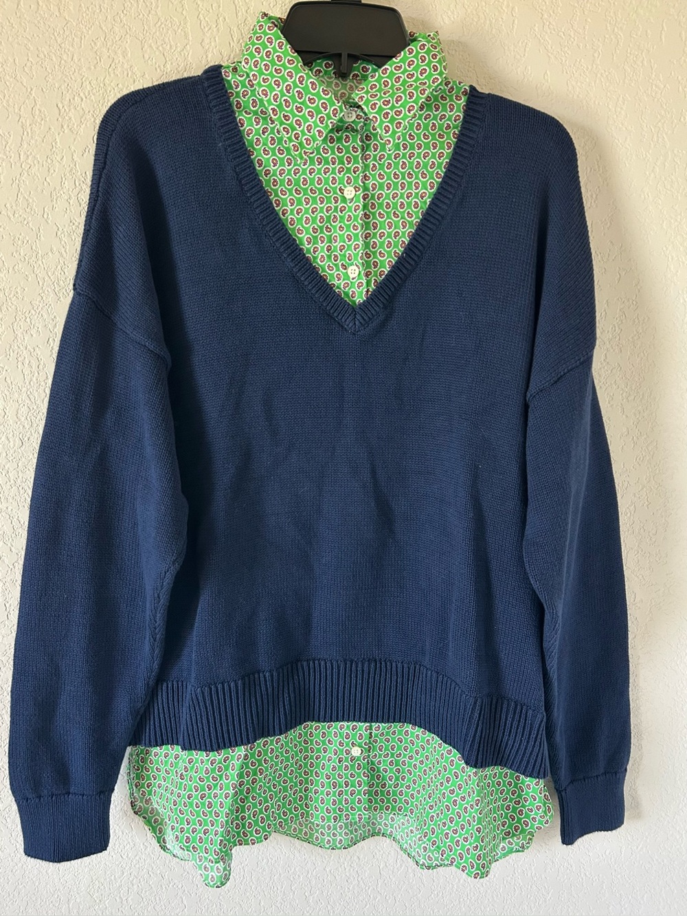 Lauren Ralph Lauren Layered Cotton V-Neck Sweater Preppy Button Down Navy XL